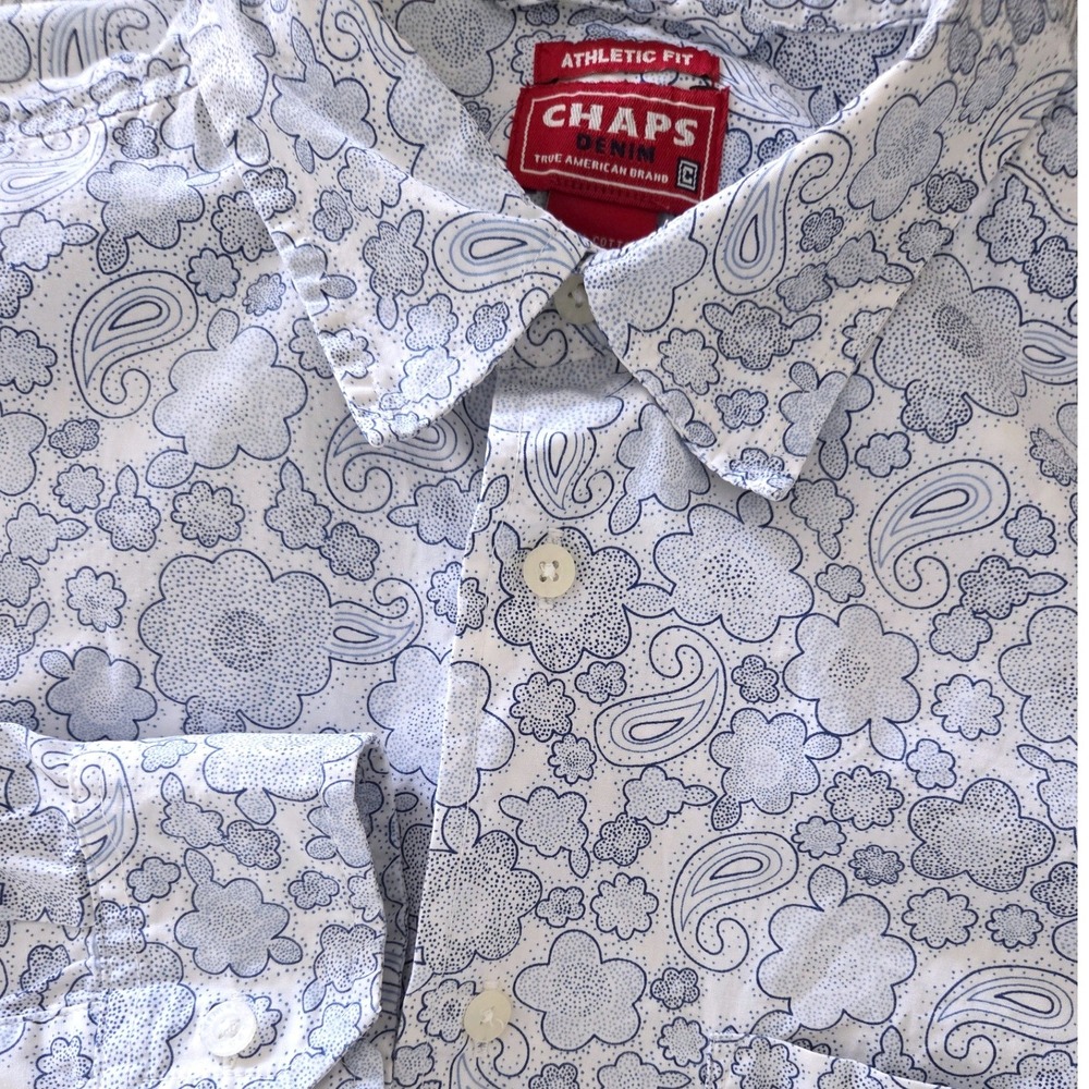 Chaps Denim Athletic Fit Long Sleeve Floral Paisley Button Down Shirt Blue Sz L